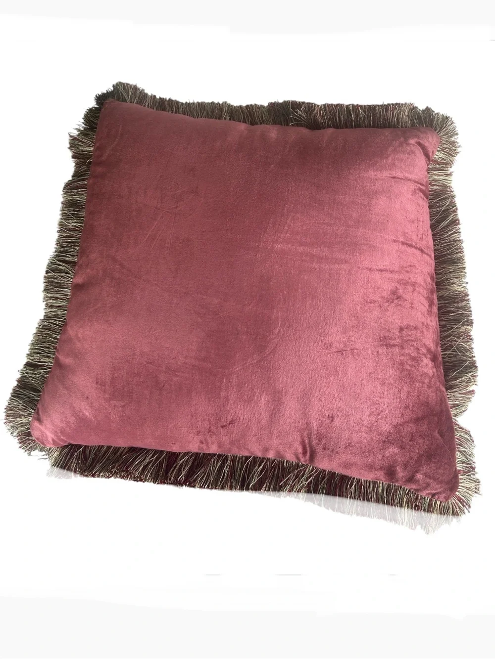 Vintage Pink Berry Velvety Pillow w Fringe
